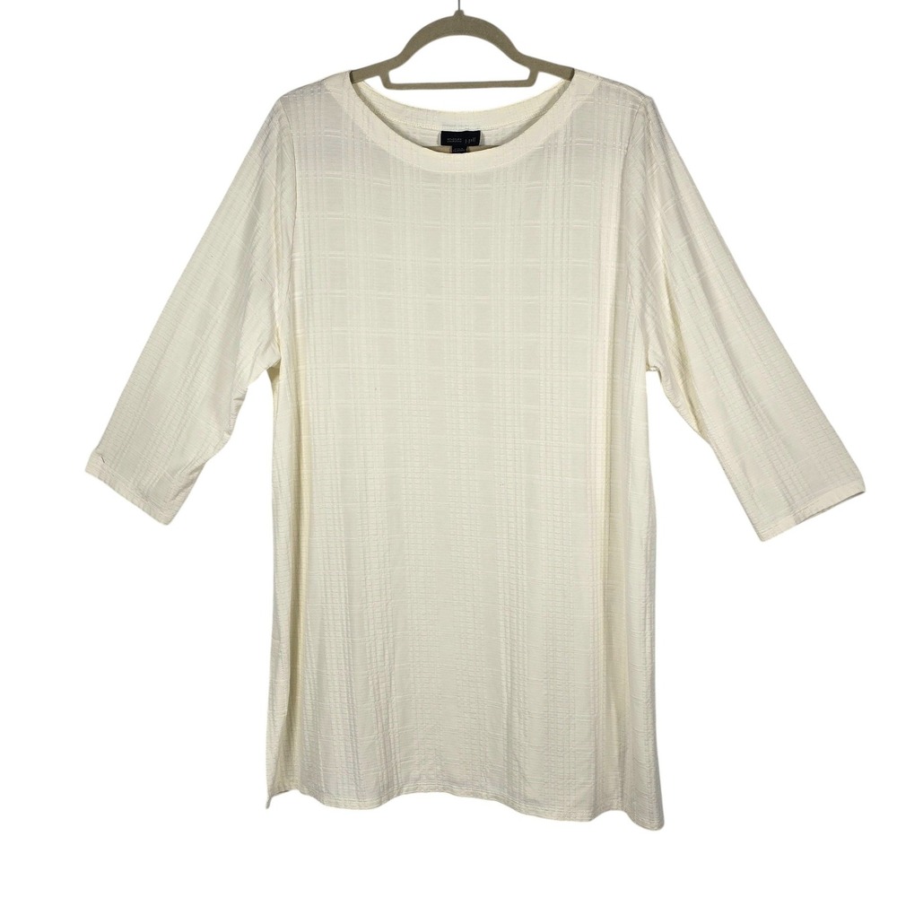J. Jill Wearever Ivory Textured Grid Tunic Top Woman XL Petite 3/4 Sleeve Cream
